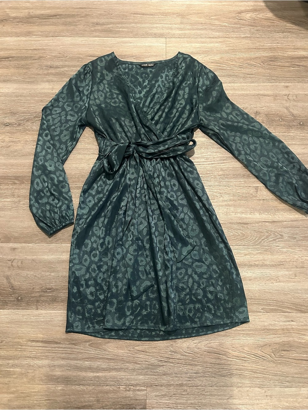 SHEIN Teal Green Animal Print Wrap Dress with Tie Waist